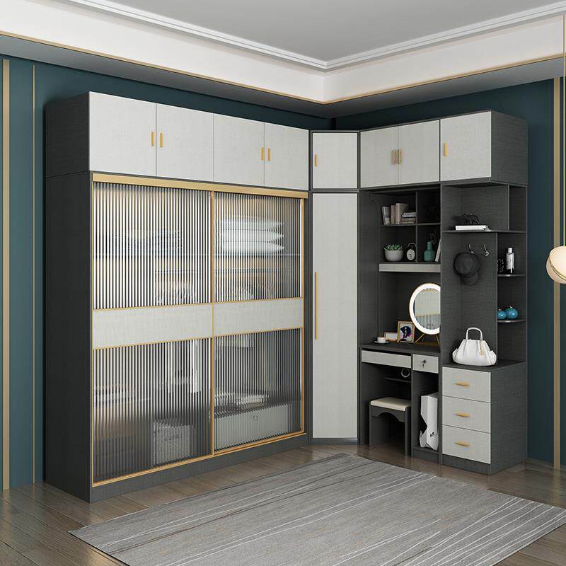 轻型豪华滑动门衣柜角90度家庭卧室简单现代l形滑动玻璃门大衣柜