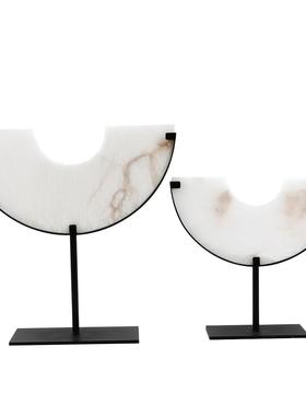 新中式半圆玉璧样板间客厅玄关书房摆件雕塑平安扣大理石软装饰品