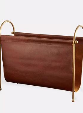 复古怀旧轻奢皮质金属杂志架酒店家居客厅玄关收纳摆件软装饰品