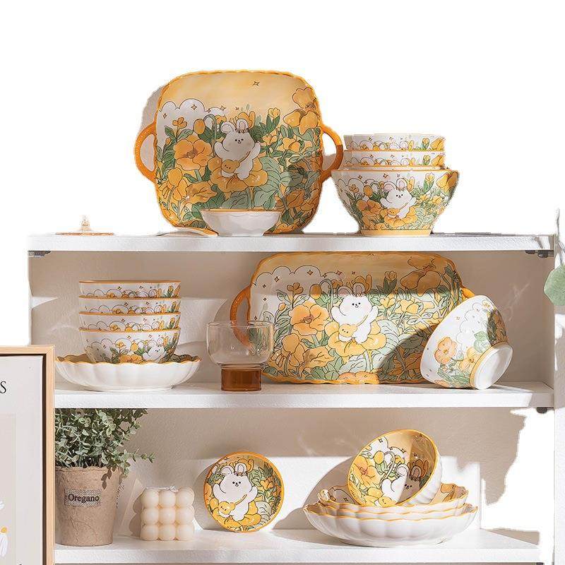 花中兔碗碟套装家用创意可爱饭碗网红陶瓷2022新款餐具碗筷盘碗具,餐饮具,餐具瓷器套装,淘宝优惠券,粉丝福利购,淘宝优惠卷