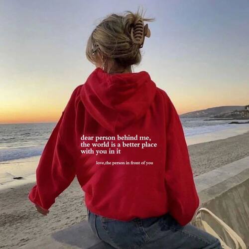 Drawstring letter printed fleece hoodi抽绳字母印花加绒连帽衫