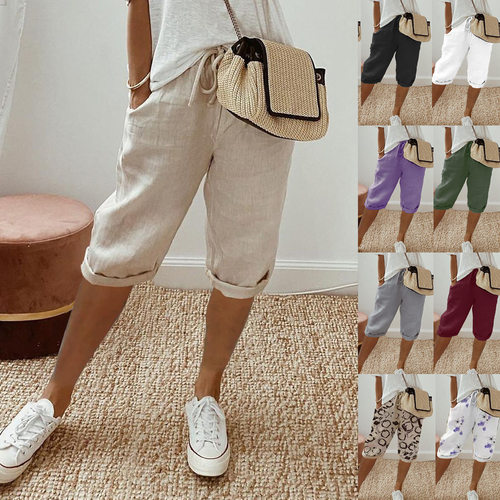 Elastic waist tie five quarter pants woman松紧腰系带五分裤女