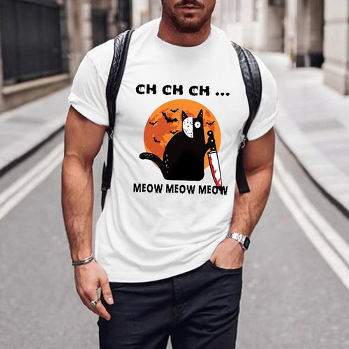猫印花短袖圆领T恤 Cat print short sleeved round neck T-shirt