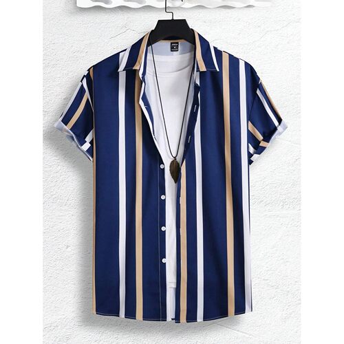 3D digital printed striped loose shirt3D数码印花条纹宽松衬衫