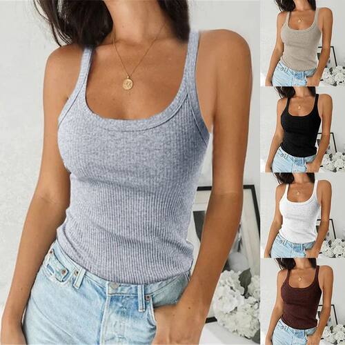 round neck threaded sleeveless vest top纯色圆领螺纹无袖背心