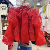 tied shirt蝴蝶结系带泡泡袖 bubble Bow sleeve printed 印花衬衫