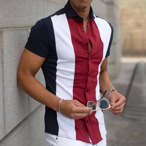 3D digital printed collar striped shirt 3D印花翻领条纹衬衫男