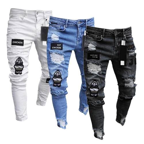 Ripped tight fitting leggings jeans  men破洞紧身小脚裤牛仔裤