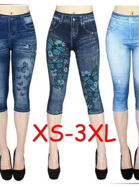 Cowboy leggings high waisted pants印花高腰仿牛仔打底裤七分裤