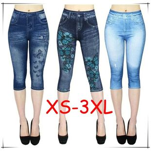 七分裤 Cowboy pants印花高腰仿牛仔打底裤 waisted leggings high