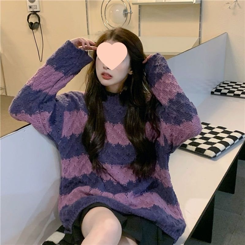 紫色针织宽松g大版加厚遮屁股的中长款条纹毛衣女春秋慵懒风外穿
