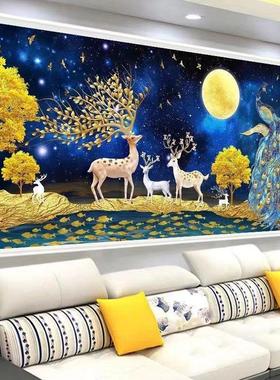 2024新款5D钻石画满钻客厅风景画发财鹿麋鹿孔雀十字绣点钻钻石绣
