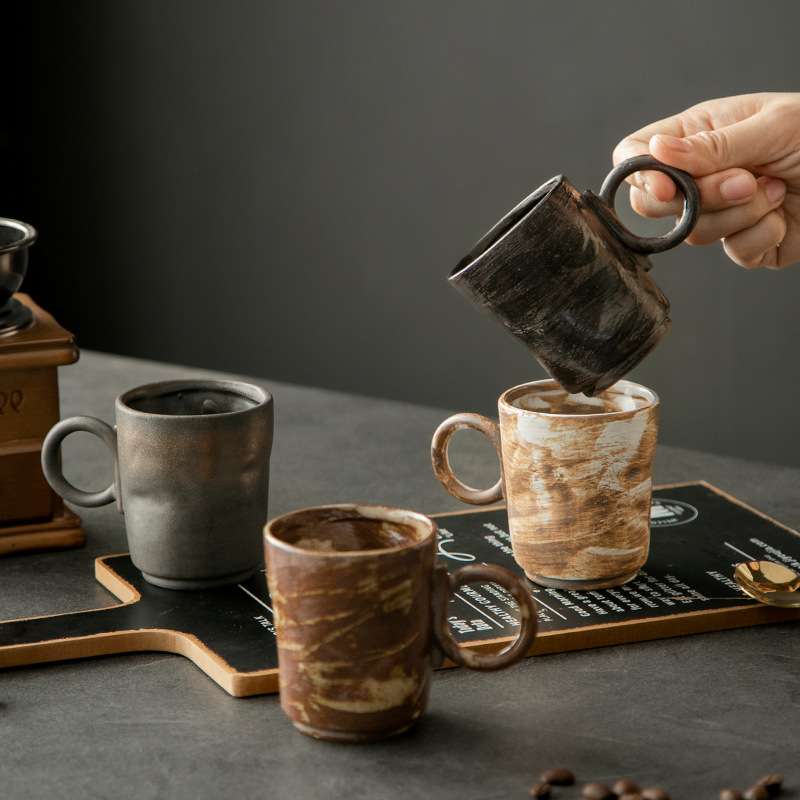 手工日式咖啡杯碟复古鎏金下午茶杯个性粗陶马克杯家用水杯子
