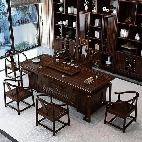 新中式乌金木实木茶桌椅大户型高档办公桌子客厅家用书桌办公桌子