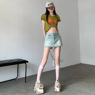小个子a字显瘦包臀半身裙裤 浅色高腰辣妹裙裤 新款 牛仔短裙女夏季
