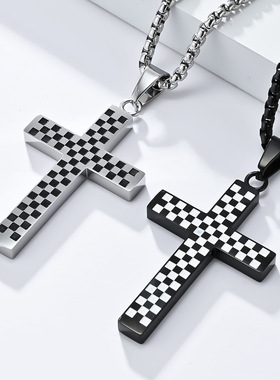 电商新款黑白格钛钢十字架项链小