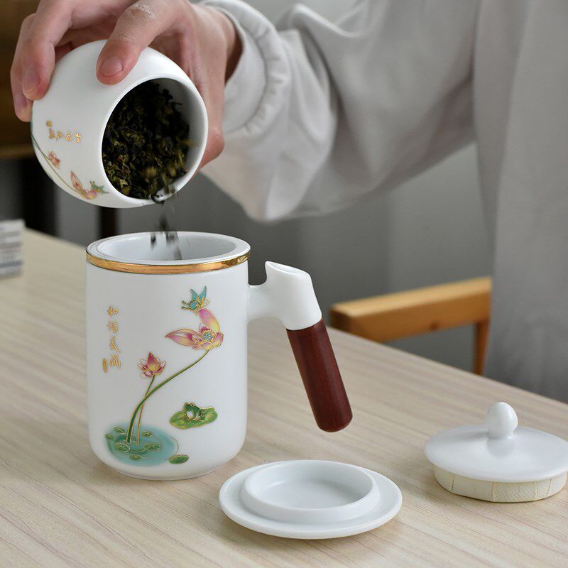 办公泡带盖茶杯陶瓷过p滤内胆茶水分离杯实木柄大号喝水杯马克杯