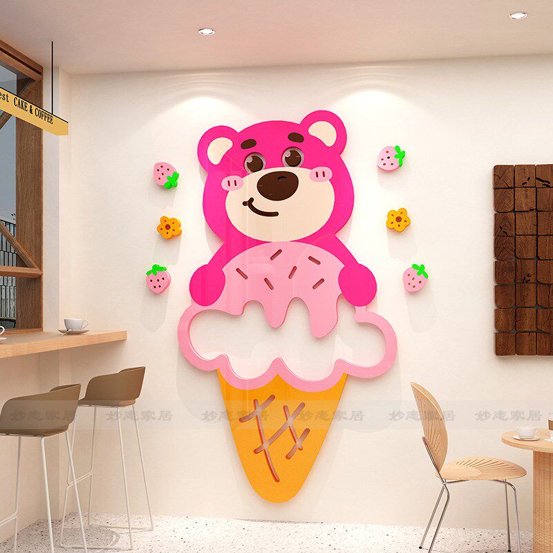 草莓熊创意墙贴画亚克力卡通欢迎光E临奶茶店火锅饭店墙面装饰海