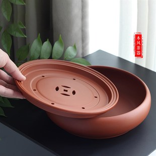 小型潮州圆形蓄水茶船家用老式 紫砂茶盘朱泥功夫茶具套s装 陶瓷沥