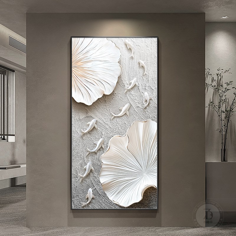 速发高级感荷花入户玄关装饰画浮雕立体肌理感走廊过道挂画九鱼图图片
