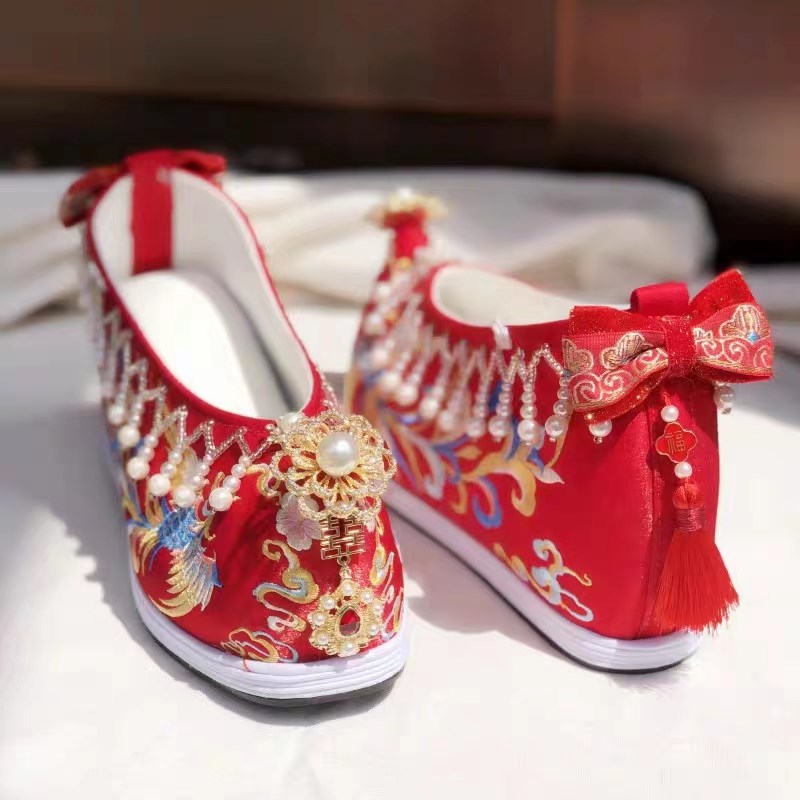 速发汉服鞋内增高古装明制婚服鞋绣花中式秀禾婚鞋珍珠绣凤厚底