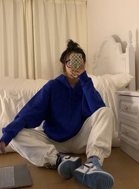 速发炸式蓝色卫s加绒宽松慵懒风over衣ize欧街外套大码情侣装