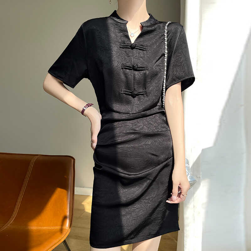 速发盘扣夏裙连衣裙式中新黑色缎面收腰旗袍短季气质国风小黑裙