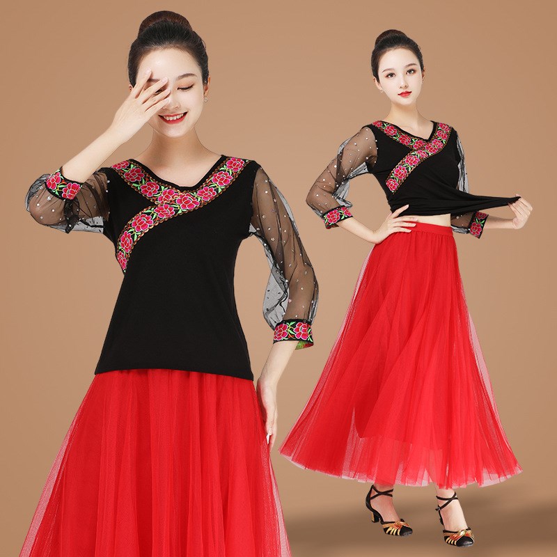 速发广场舞服装款新套装半长袖网纱跳舞表演长裙 古典舞 身裙演出