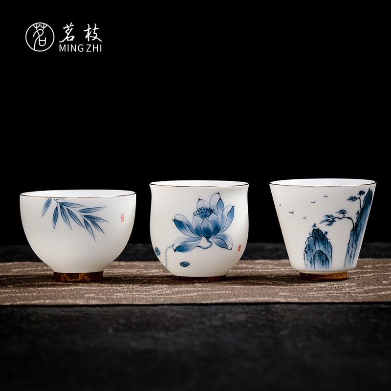 速发茶枝手绘青花瓷功夫杯茗家用主人杯描金白瓷品茗杯小茶盏茶碗