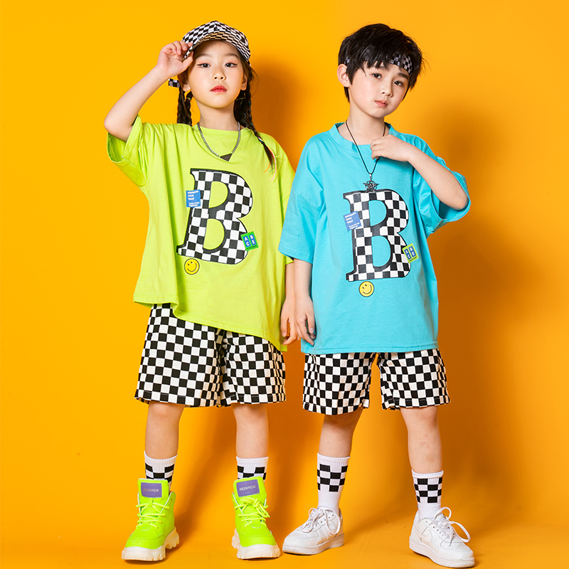 速发幼儿街舞潮服嘻男演出服格子短孩套装裤爵士服装哈孩架子鼓表