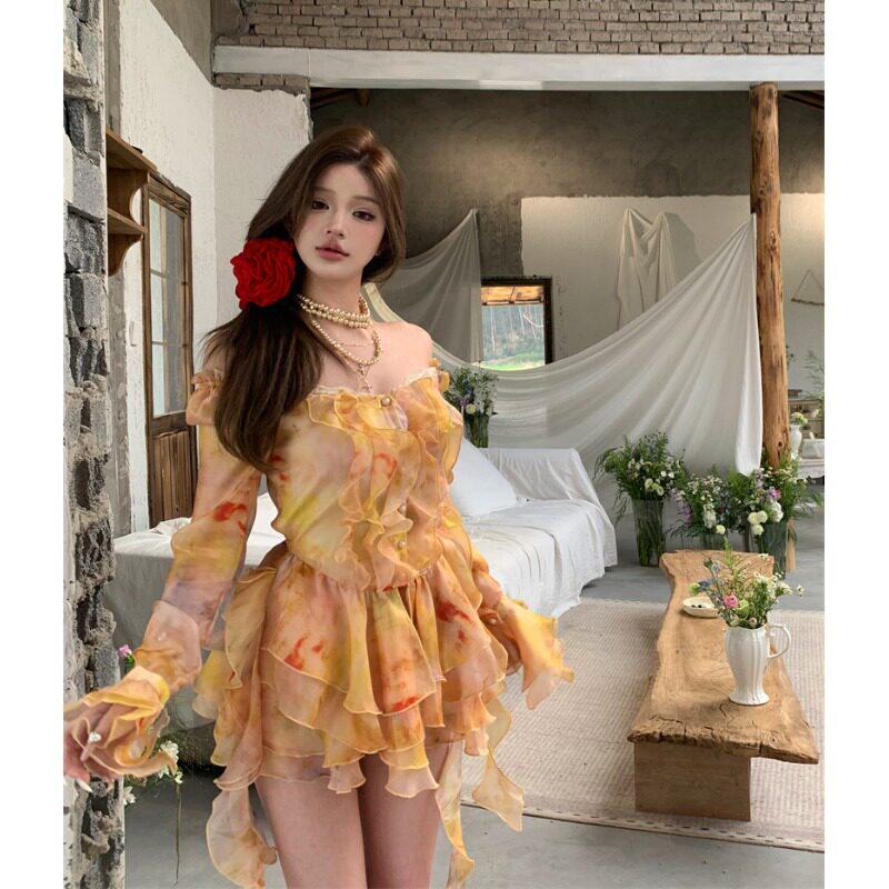高货法式甜美油画晕染袖上衣夏绝美高腰性感公主蓬蓬蛋糕裙套装