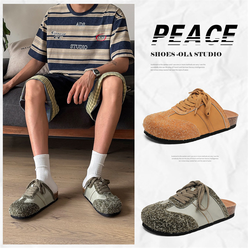 2025新款勃肯鞋男款夏季外穿一脚蹬懒人软底穆勒鞋复古包头半拖鞋