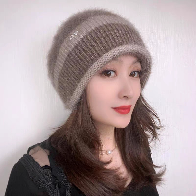 松鼠绒双层针织时尚百搭冬季堆堆帽女士编织韩版保暖帽秋冬帽子女