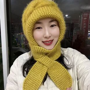 手工针织帽子女秋冬季保暖护颈洋气护耳毛线帽包头帽围巾帽子一体
