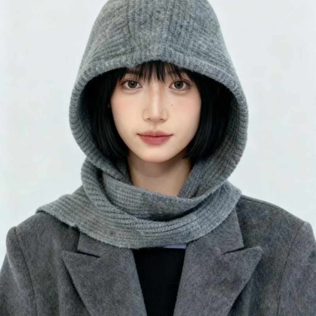 含羊毛～圣诞帽子围巾一体针织帽冬季围巾连帽红色巴拉克拉法帽女