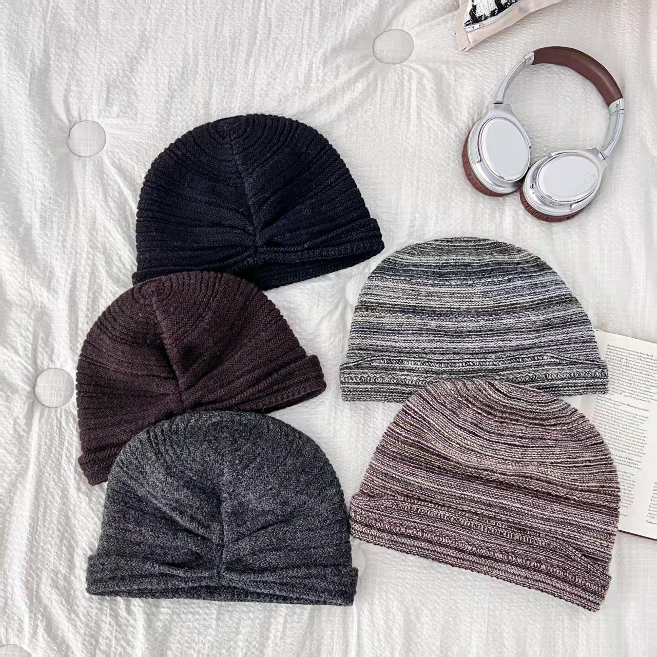 100%绵羊毛堆堆帽男百搭褶皱卷檐包头冷帽女大头围针织帽显脸小