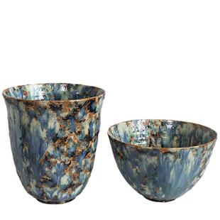 中古芬油画陶风顿瓷花瓶复古斗笠碗大口花盆FTN器绿植客厅玄关装