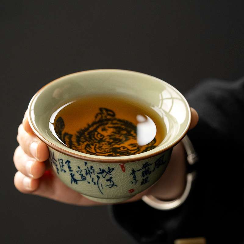 唯心造 老陶泥福虎生威品茗杯 陶瓷主人单杯中式汝窑开片可养茶杯
