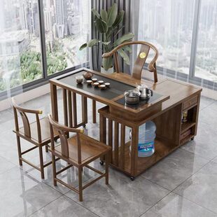 茶台可移动桌椅组合橡胶木可烧 厂促实木茶桌小户型家用阳台旋转式