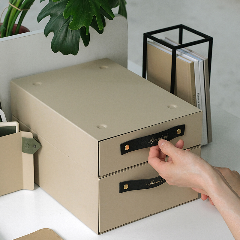 奶茶色可堆叠抽屉l 多功能桌面铁艺收纳盒 咖啡机增高架金属杂物