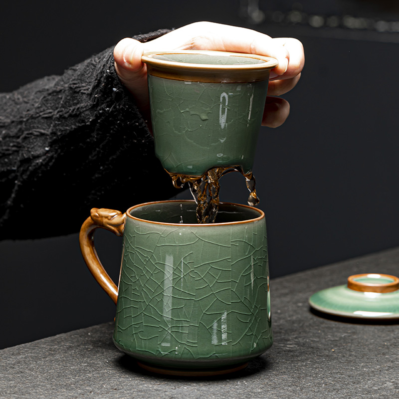 哥窑办公杯茶水分离水杯男士v个人专用带盖陶瓷马克杯茶杯高档礼