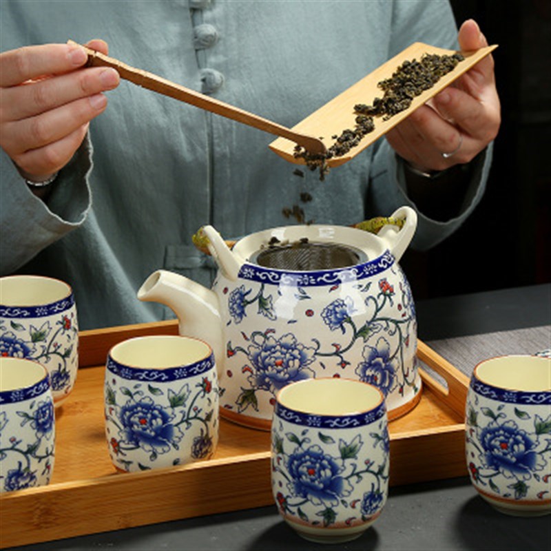 大容量陶瓷e茶具整套提梁壶茶具饭店泡茶家用水壶水杯青花瓷耐高