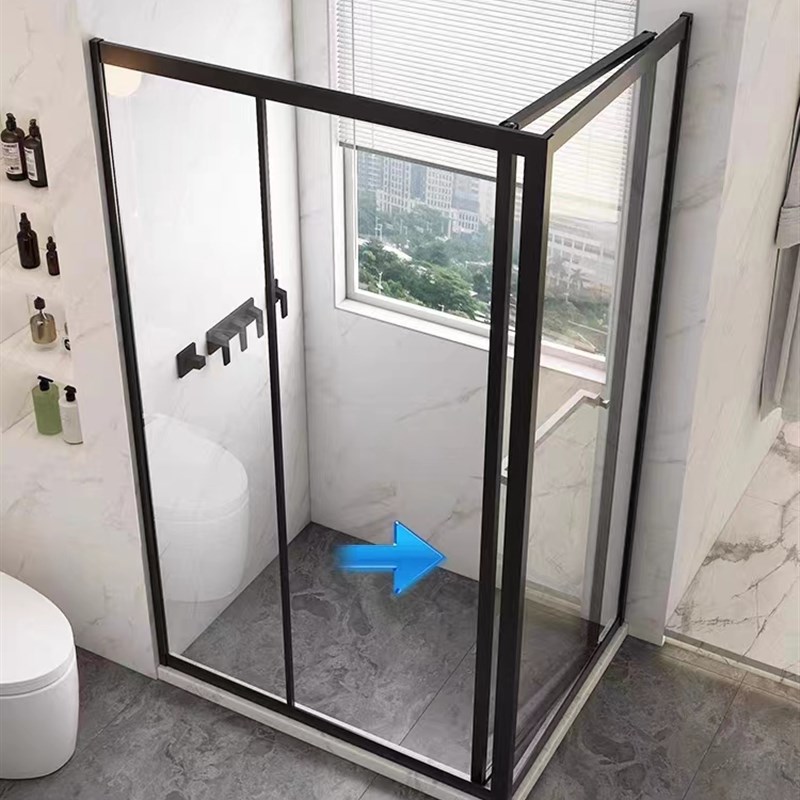 极窄侧滑门直角淋浴房内飞方型L型浴屏干L湿分离隔断化妆室侧移门