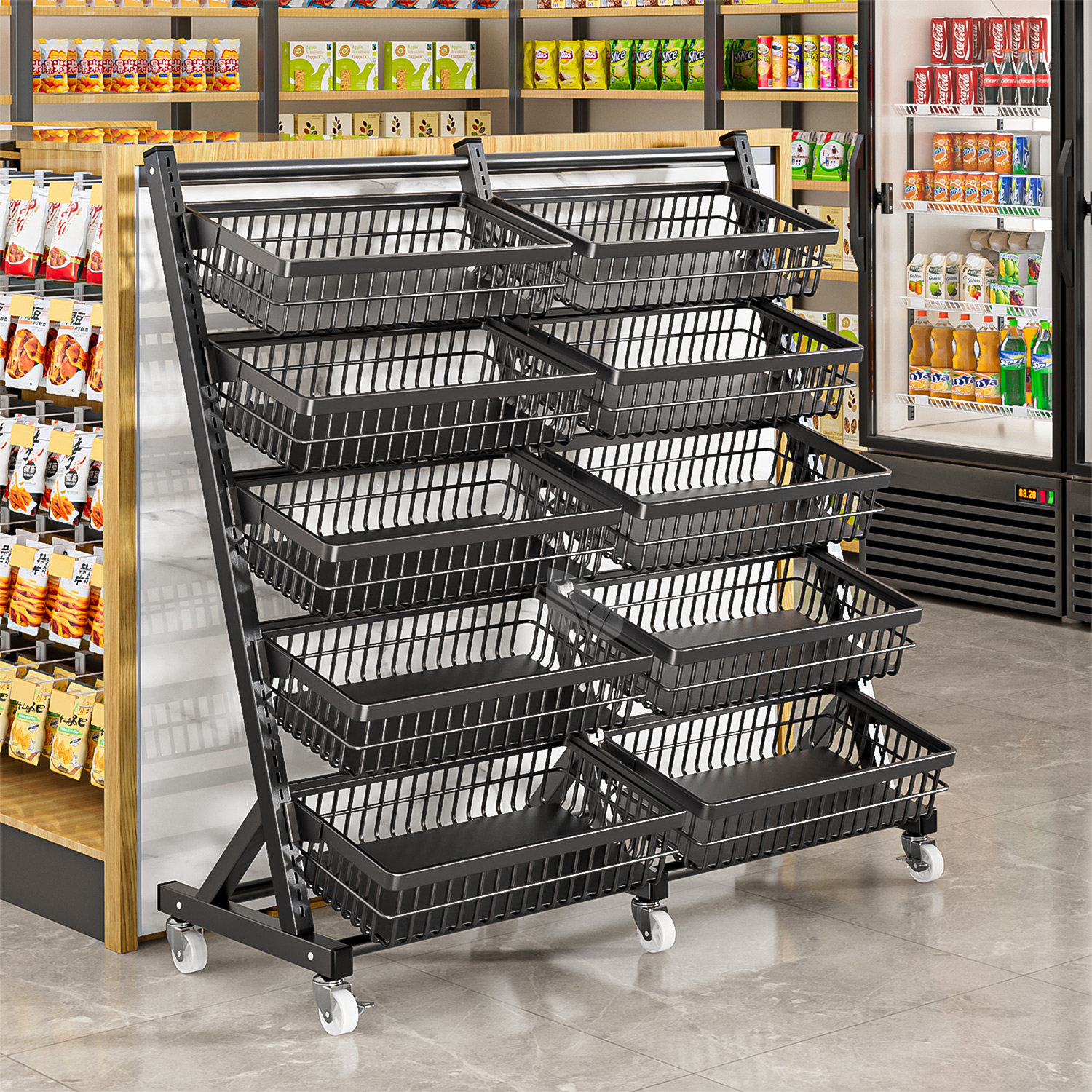 超市生鲜货架落地移动果蔬展示架水果店蔬菜零食斜口篮厨房置物架