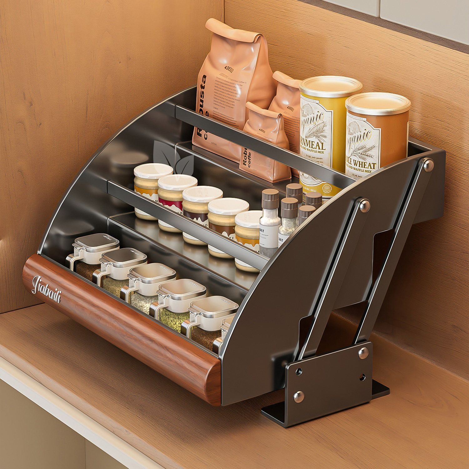 厨房橱柜吊柜内旋转下拉式置物架升降拉篮壁柜调料架调味品收纳架