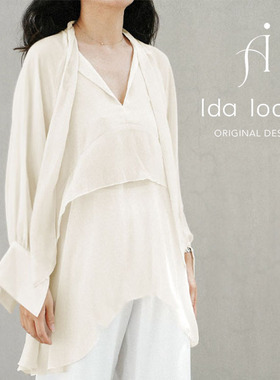 Idaloose法式仙气流沙荷叶边氛围感轻薄透气度假飘带衬衫雪纺衫
