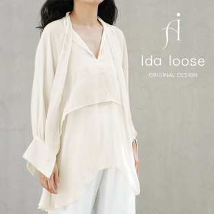 Idaloose法式仙气流沙荷叶边氛围感轻薄透气度假飘带衬衫雪纺衫