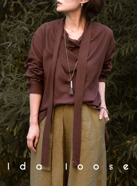 Ida loose老钱风亚麻随性垂感荡领飘带衬衫