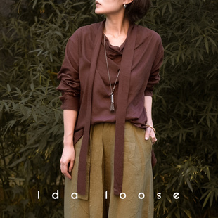 Ida loose老钱风亚麻随性垂感荡领飘带衬衫