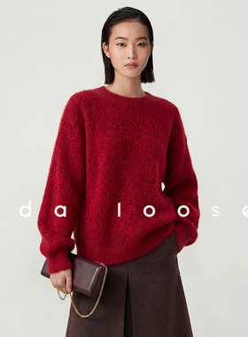 Ida loose马年新年热颂红100%美利奴绵羊毛拉绒宽松保暖红毛衣